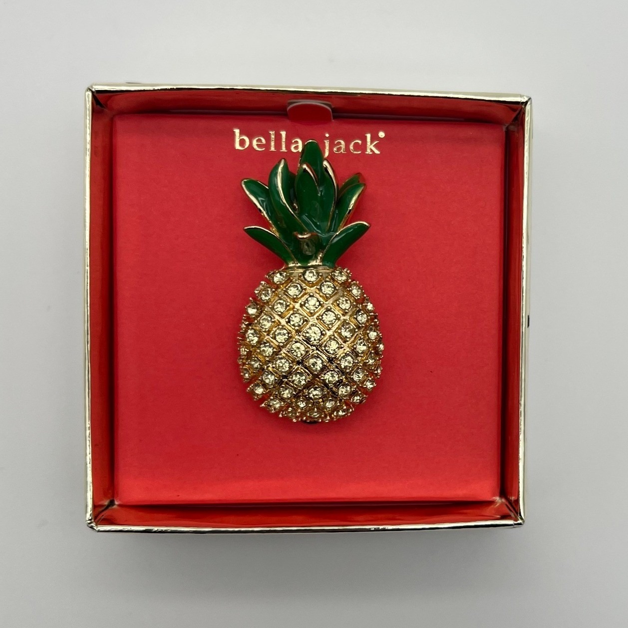 Bella Jack Pineapple Brooch Pin Gold Tone Rhinestone Green Enamel Tropical Nib
